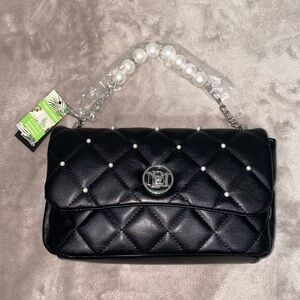 Badgley Mischka Black Quilted Shoulder Bag with Pearl Accents